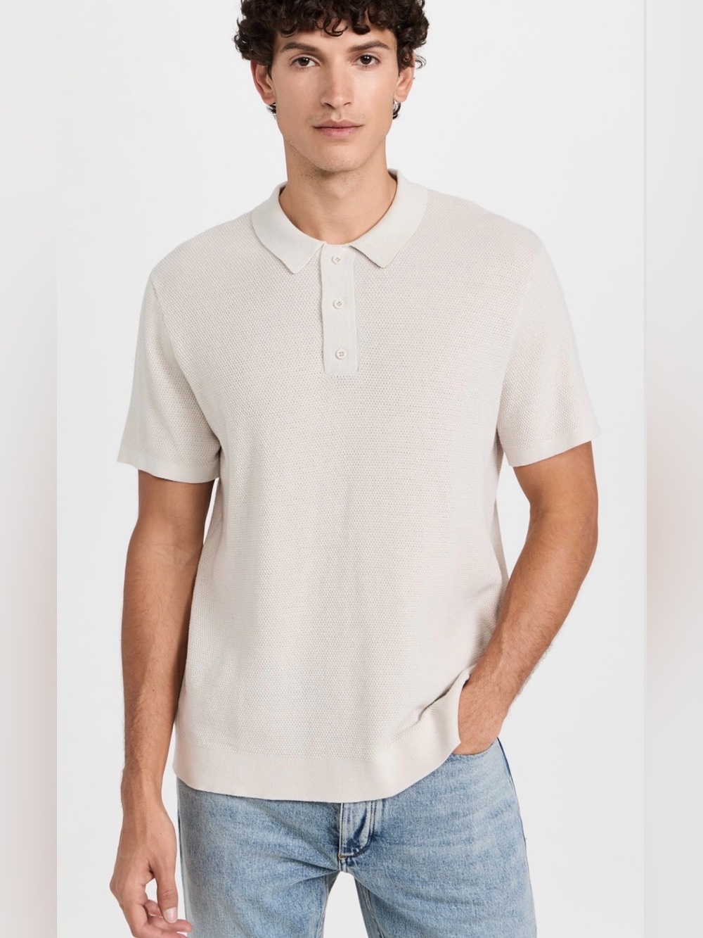 Onia Men’s Cotton Knit Textured Polo Shirt in Off White Stone Size Medium